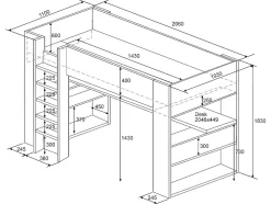 Lit mezzanine gamer NOAH avec bureau et rangements intégrés - 90 x 200 cm - Avec LEDs - Anthracite et rouge