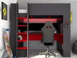 Lit mezzanine gamer NOAH avec bureau et rangements intégrés - 90 x 200 cm - Avec LEDs - Anthracite et rouge