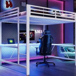 Lit mezzanine gaming en métal 160x200cm - avec bureau - avec éclairage LED et port de chargement USB - Blanc(sans matelas)