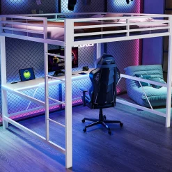 Lit mezzanine gaming en métal 160x200cm - avec bureau - avec éclairage LED et port de chargement USB - Blanc(sans matelas)