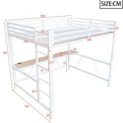 Lit mezzanine gaming en métal 160x200cm - avec bureau - avec éclairage LED et port de chargement USB - Blanc(sans matelas)
