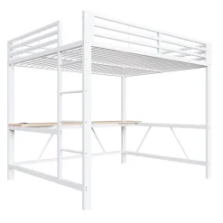Lit mezzanine gaming en métal 160x200cm - avec bureau - avec éclairage LED et port de chargement USB - Blanc(sans matelas)