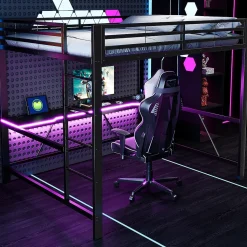 Lit mezzanine gaming en métal 160x200cm - avec bureau - avec éclairage LED et port de chargement USB - Noir(sans matelas)