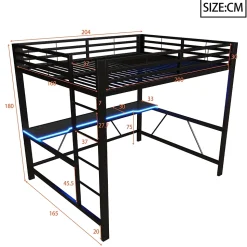 Lit mezzanine gaming en métal 160x200cm - avec bureau - avec éclairage LED et port de chargement USB - Noir(sans matelas)