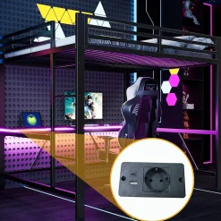 Lit mezzanine gaming en métal 160x200cm - avec bureau - avec éclairage LED et port de chargement USB - Noir(sans matelas)