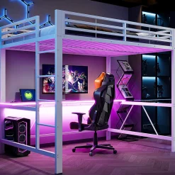 Lit mezzanine gaming en métal 140x200cm - avec bureau - avec éclairage LED et port de chargement USB - Blanc(sans matelas)