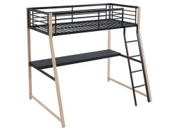 Lit mezzanine MALICIA - 90 x 190 cm - bureau intégré - Noir et chêne + matelas