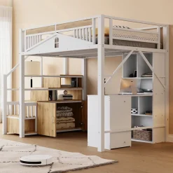 Lit Mezzanine Métal 140x200 cm avec Fenêtre et Garde-Corps - Blanc, Sans Matelas