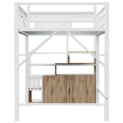 Lit Mezzanine Métal 140x200 cm avec Fenêtre et Garde-Corps - Blanc, Sans Matelas