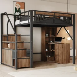 Lit Mezzanine Métal 140x200 cm avec Fenêtre et Garde-Corps - Noir, Sans Matelas