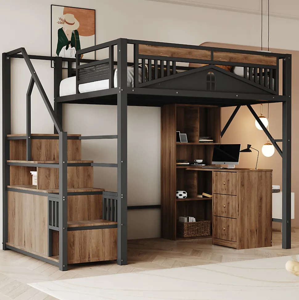 Lit Mezzanine Métal 140x200 cm avec Fenêtre et Garde-Corps - Noir, Sans Matelas