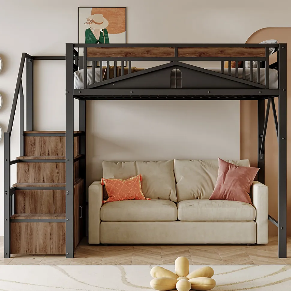 Lit Mezzanine Métal 140x200 cm avec Fenêtre et Garde-Corps - Noir, Sans Matelas