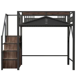 Lit Mezzanine Métal 140x200 cm avec Fenêtre et Garde-Corps - Noir, Sans Matelas