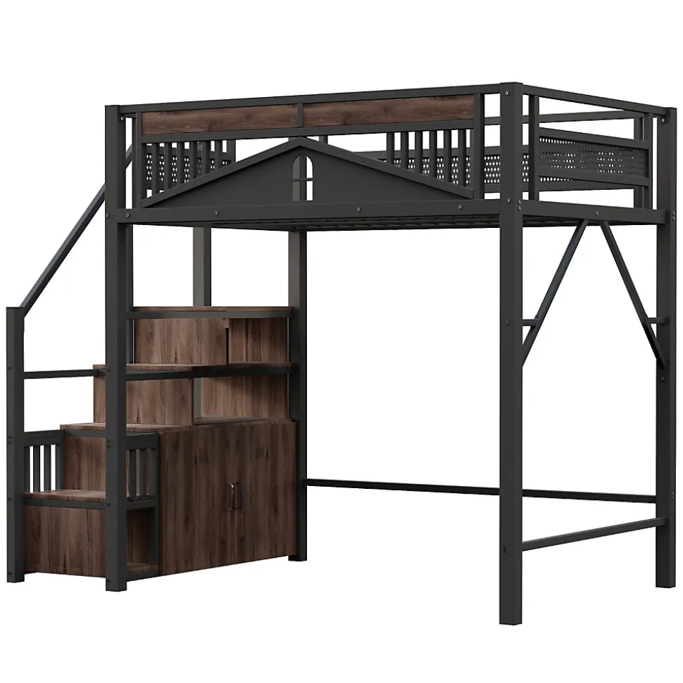 Lit Mezzanine Métal 140x200 cm avec Fenêtre et Garde-Corps - Noir, Sans Matelas