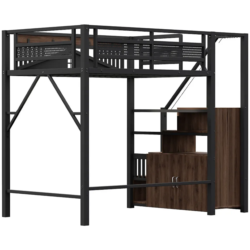 Lit Mezzanine Métal 140x200 cm avec Fenêtre et Garde-Corps - Noir, Sans Matelas