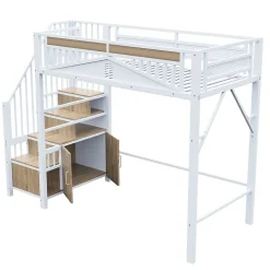 Lit Mezzanine Métal 90x200 cm avec Fenêtre Sécurisée et Escalier de Rangement - Métal Blanc