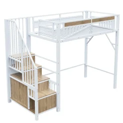 Lit Mezzanine Métal 90x200 cm avec Fenêtre Sécurisée et Escalier de Rangement - Métal Blanc