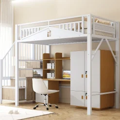 Lit Mezzanine Métal 90x200 cm avec Fenêtre Sécurisée et Escalier de Rangement - Métal Blanc