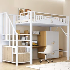 Lit Mezzanine Métal 90x200 cm avec Fenêtre Sécurisée et Escalier de Rangement - Métal Blanc