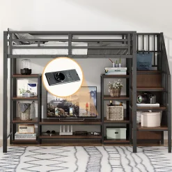 Lit Mezzanine Métal 90x200 cm enfant avec Escalier Sécurisé, Rangement et Support TV - Noir