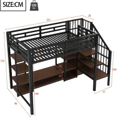 Lit Mezzanine Métal 90x200 cm enfant avec Escalier Sécurisé, Rangement et Support TV - Noir