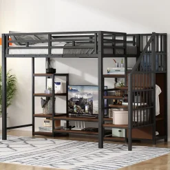 Lit Mezzanine Métal 90x200 cm enfant avec Escalier Sécurisé, Rangement et Support TV - Noir