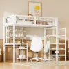 Lit mezzanine métal 90x200cm blanc avec armoire et bureau, échelle sécurisée