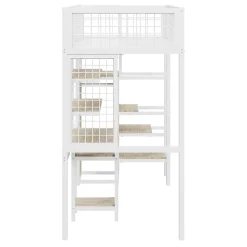 Lit mezzanine métal 90x200cm blanc avec armoire et bureau, échelle sécurisée