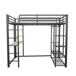 Lit mezzanine métallique avec bureau, étagères et espace rangement