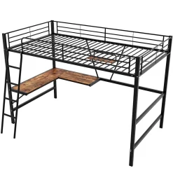Lit mezzanine métallique noir avec bureau en L et étagère 90x200cm