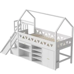 Lit mezzanine multifonctionnel 90x200 cm en bois et MDF - avec toboggan, escalier et casiers - Blanc(sans matelas)