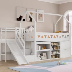 Lit mezzanine multifonctionnel 90x200 cm en bois et MDF - avec toboggan, escalier et casiers - Blanc(sans matelas)