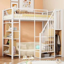 Lit mezzanine multifonctionnel avec rangement, étagères et escalier,90x200cm,blanc,pour adulte et enfant