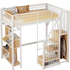 Lit mezzanine multifonctionnel avec rangement, étagères et escalier,90x200cm,blanc,pour adulte et enfant