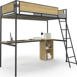 Lit mezzanine simple DETROIT avec bureau et rangements 90 x 190 cm design industriel