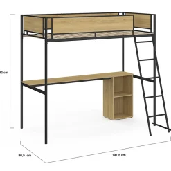 Lit mezzanine simple DETROIT avec bureau et rangements 90 x 190 cm design industriel