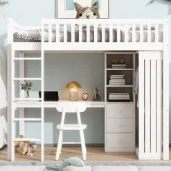 Lit Mezzanine Simple 90x200 cm - En Bois, Avec Bureau et Armoire, Escalier avec Rangements Intégrés - Sans Matelas - Blanc