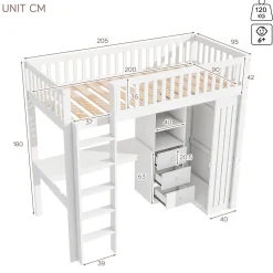 Lit Mezzanine Simple 90x200 cm - En Bois, Avec Bureau et Armoire, Escalier avec Rangements Intégrés - Sans Matelas - Blanc