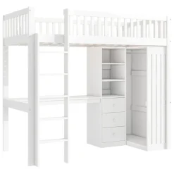 Lit Mezzanine Simple 90x200 cm - En Bois, Avec Bureau et Armoire, Escalier avec Rangements Intégrés - Sans Matelas - Blanc