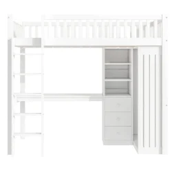 Lit Mezzanine Simple 90x200 cm - En Bois, Avec Bureau et Armoire, Escalier avec Rangements Intégrés - Sans Matelas - Blanc