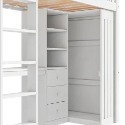 Lit Mezzanine Simple 90x200 cm - En Bois, Avec Bureau et Armoire, Escalier avec Rangements Intégrés - Sans Matelas - Blanc