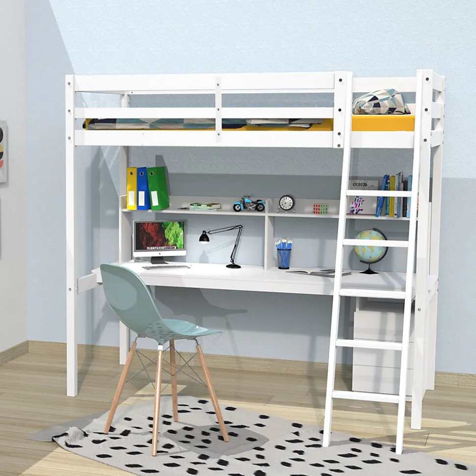 Lit mezzanine STUDIO 90x190 + 1 sommier + caisson 3 tiroirs + bureau + étagère / Blanc