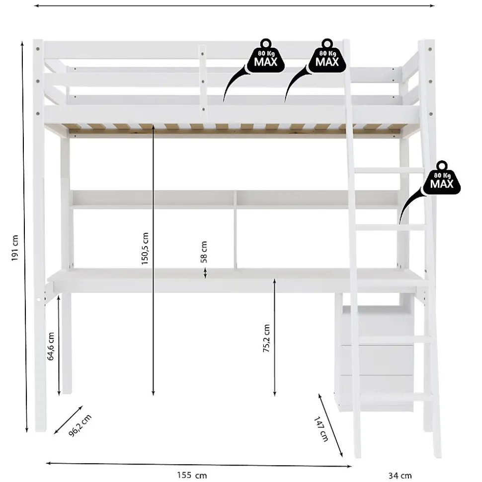 Lit mezzanine STUDIO 90x190 + 1 sommier + caisson 3 tiroirs + bureau + étagère / Blanc