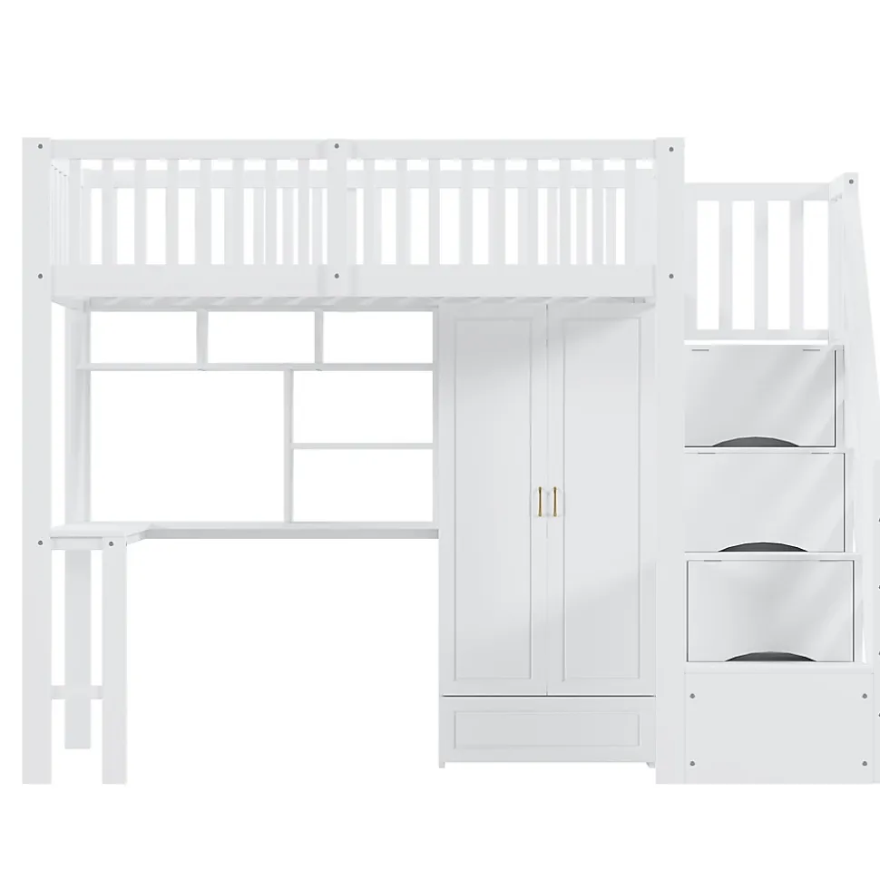 Lit Mezzanine 90x200 - Lit Enfant avec Bureau, Armoire et Rangements Intégrés, Design Pratique et Moderne, Bois Blanc