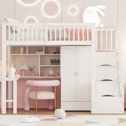 Lit Mezzanine 90x200 - Lit Enfant avec Bureau, Armoire et Rangements Intégrés, Design Pratique et Moderne, Bois Blanc