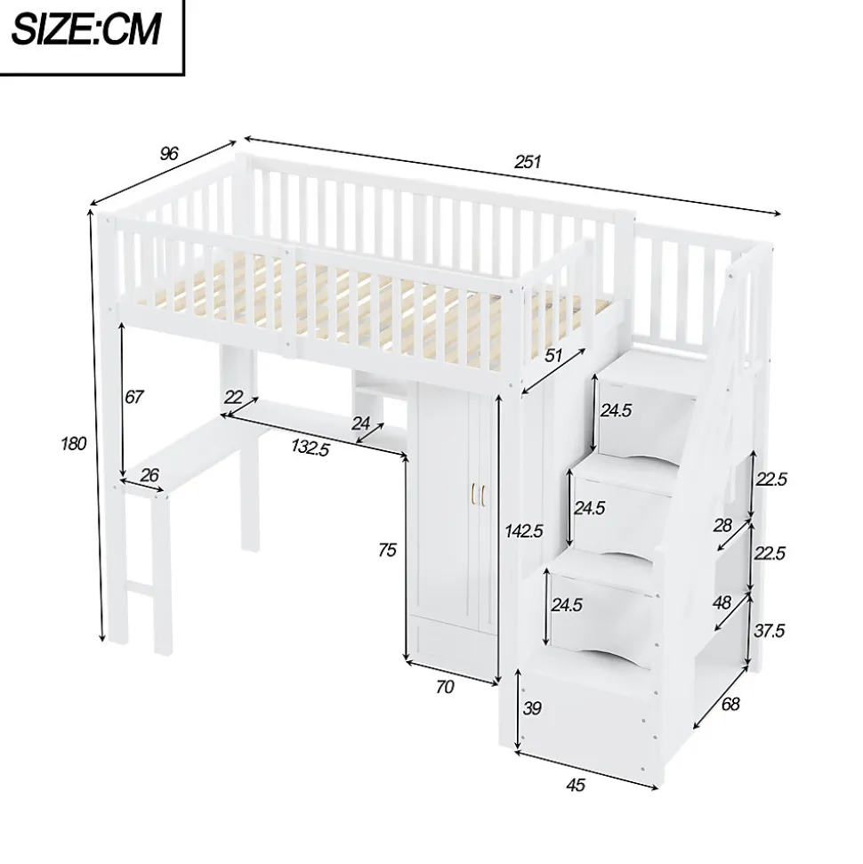 Lit Mezzanine 90x200 - Lit Enfant avec Bureau, Armoire et Rangements Intégrés, Design Pratique et Moderne, Bois Blanc