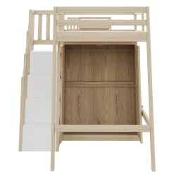 Lit Mezzanine 90x200 cm - avec Échelle Sécurisée, Rangement Intégré et Armoire - Bois Massif Naturel, Sans Matelas, Naturel