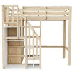Lit Mezzanine 90x200 cm - avec Échelle Sécurisée, Rangement Intégré et Armoire - Bois Massif Naturel, Sans Matelas, Naturel