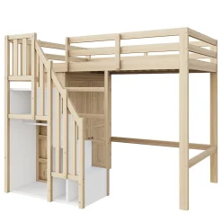 Lit Mezzanine 90x200 cm - avec Échelle Sécurisée, Rangement Intégré et Armoire - Bois Massif Naturel, Sans Matelas, Naturel