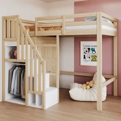 Lit Mezzanine 90x200 cm - avec Échelle Sécurisée, Rangement Intégré et Armoire - Bois Massif Naturel, Sans Matelas, Naturel